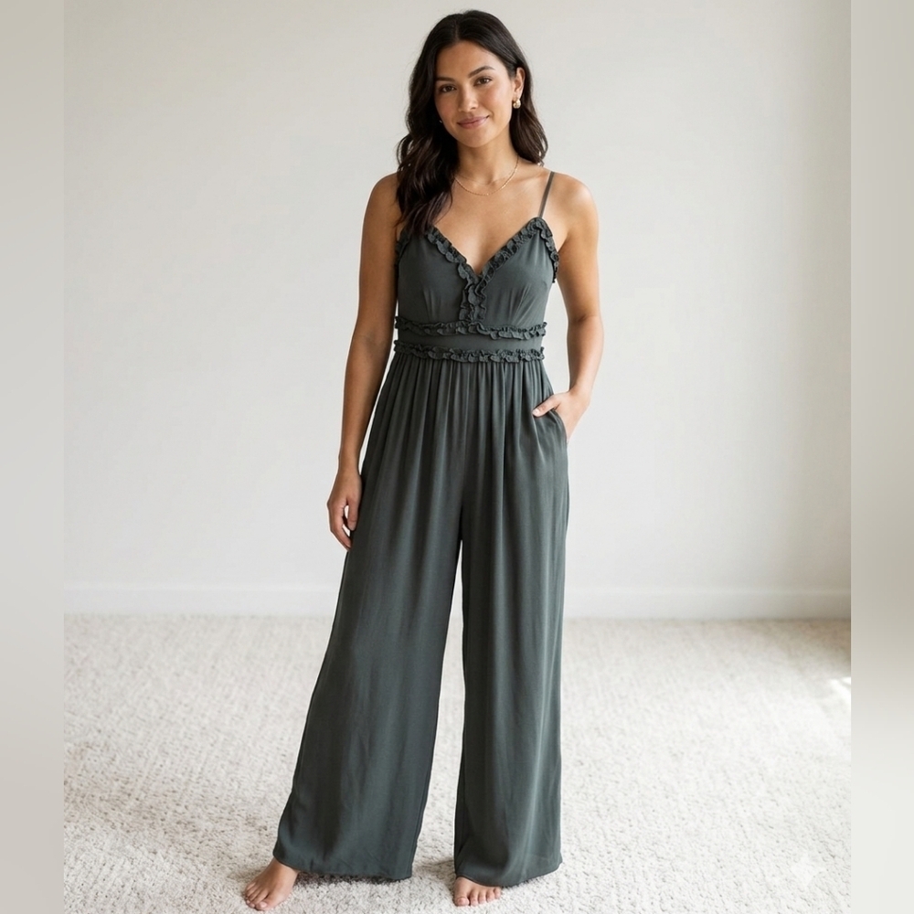 NWT Blue Rain Olive V-Neck Ruffle Wide-Leg Jumpsuit